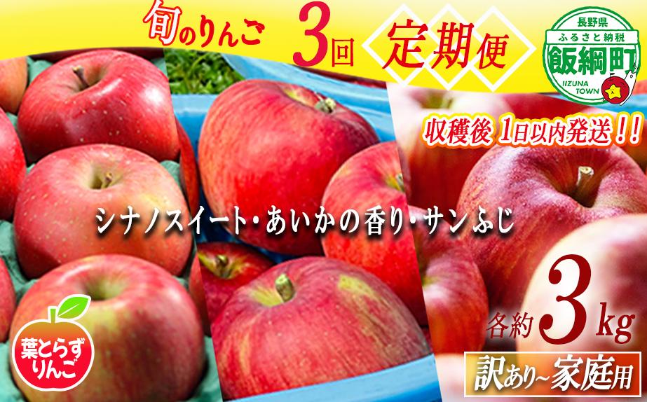 
                  【 定期便 / フレッシュ便 】 旬のりんご 家庭用 〜 訳あり 3kg × 3回 葉とらずりんご フレッシュフルーツミカズキ 沖縄県への配送不可 2026年10月中旬頃から2026年12月中旬頃までお申込み順に発送予定 令和8年度収穫分 リンゴ アップル シナノスイート あいかの香り サンフジ サンふじ 長野県 飯綱町 [2111]
                