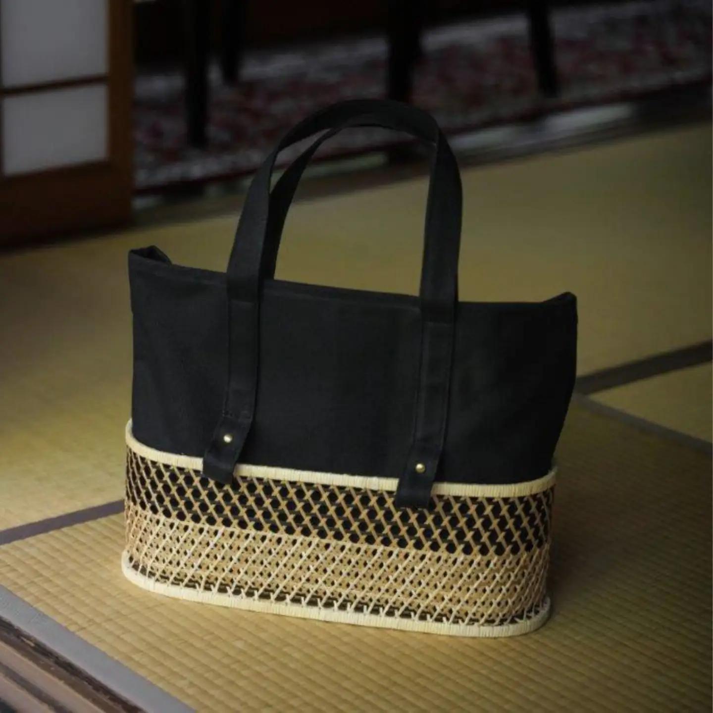 ふたえ籠サイズLブラック（竹籠フレーム帆布バッグ）工芸品 伝統 バッグ かばん 帆布 かご 籠 かごバッグ 新潟県 阿賀野市 2X02148B