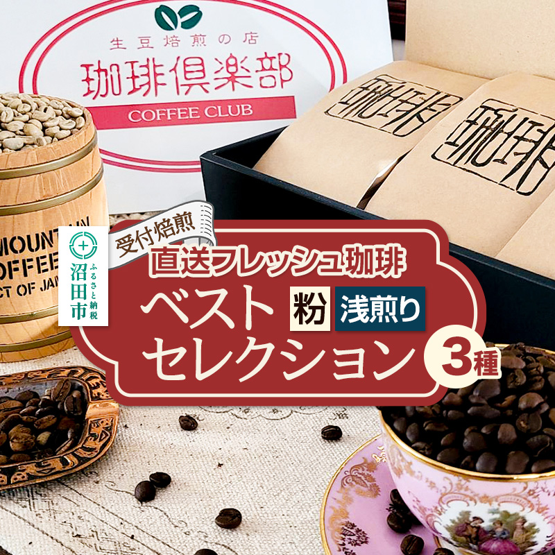 《受付焙煎》直送フレッシュ珈琲 ベストセレクション【粉／浅煎り】各200g×3種 計600g 珈琲倶楽部 沼田店 [コーヒー 珈琲 coffee]