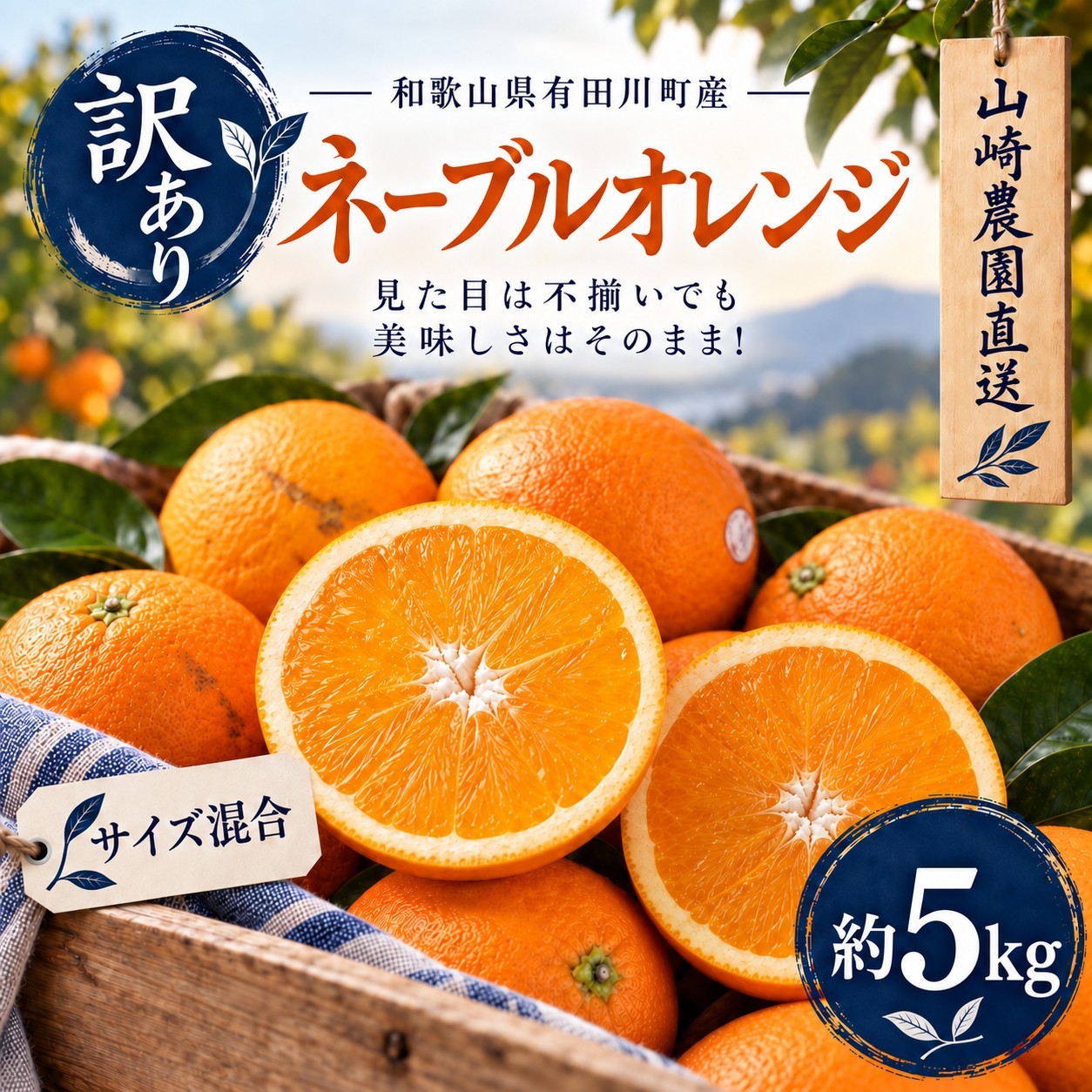 
                  訳あり ネーブルオレンジ 約5kg サイズおまかせ アルギット 栽培 国産 甘い おいしい ジューシー 皮 薄い 完熟 期間限定 フルーツ 果物 人気 おすすめ 高級 こだわり ギフト 旬 山崎農園 和歌山
                