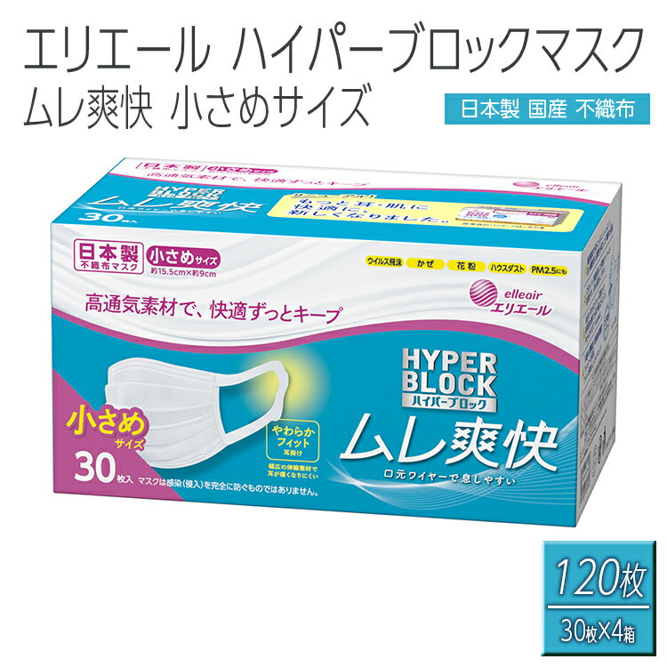 【ふるさと納税】エリエール製 不織布マスク ムレ爽快 小さめサイズ 30枚×4箱【ハイパーブロックマスク】使い捨てマスク 白 三層構造 飛沫防止 BFE99% 日本製 送料無料 国産