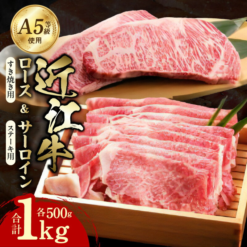 【ふるさと納税】近江牛 A5 ロース すき焼用 500g たれ付き 霜降り 牛肉 旨み とろける サーロイン ステーキ 250g×2枚 ステーキ醤油 岩塩 あら切りわさび付き セット 計1kg 和牛 国産牛 個別包装 食べやすい ご自宅用 お取り寄せ グルメ 滋賀県 守山市 送料無料