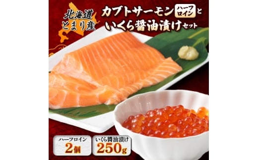 北海道とまりカブトサーモン　ハーフロイン2個(計約220g)といくら醤油漬け(250g)セット_カブトサーモン サーモン いくら 醤油漬け 海鮮 セット 北海道 とまり産 美味しい 人気 おすすめ ギフト 送料無料【1590459】