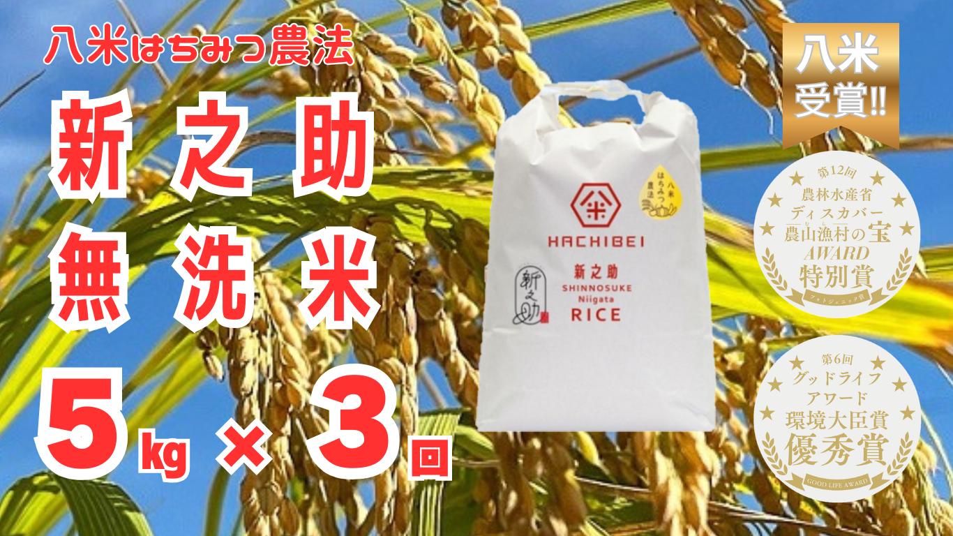 
                  【令和7年産】【環境大臣賞受賞】【特別賞受賞】3ヶ月定期便 無洗米 新之助 5kg×3回 計15kg 農家直送 ほんのり甘い「はちみつ農法」 白米 精米 HACHIBEI 八米  1L20040
                