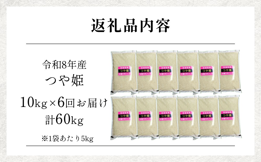【 令和8年産 】 新米 つや姫 10kg ＜ 毎月 10kg 6回 お届け ＞宮城県 石巻市産 定期便6回 精米 鮮度優先 米 お米 白米 ブランド米 単一原料米 産地直送 ごはん お弁当 宮城県 石巻市