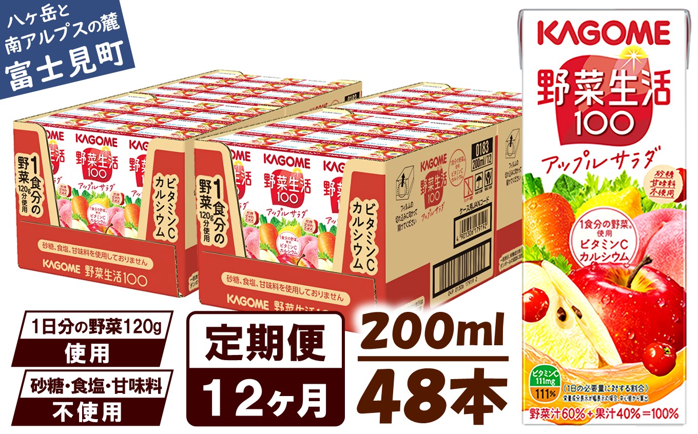 【 定期便 12ヶ月連続お届け】カゴメ 野菜生活100 アップルサラダ 200ml×48本 ジュース 野菜 果実ミックスジュース 果汁飲料 紙パック 砂糖不使用 1食分の野菜 カルシウム ビタミンA ビタミンC にんじん汁 飲料類 ドリンク 野菜ドリンク 備蓄 長期保存 防災 飲みもの
