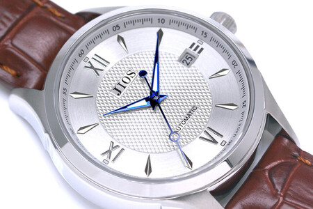 JIOS SEIRAN 日本製 自動巻き腕時計 メンズ 男性用 革ベルト ブランド ドレスウォッチ ジオス シルバー文字盤 × 青針 クロコ型押しベルト（ブラウン）