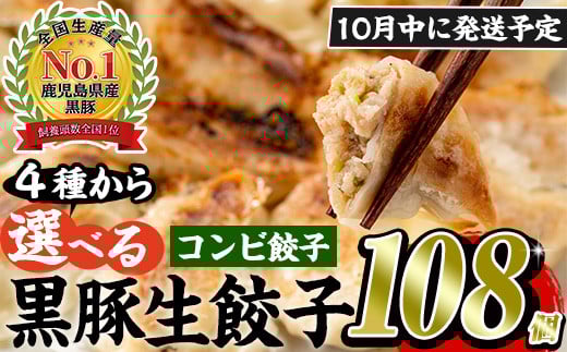 No.429-c-m10  ＜2025年10月中に発送予定＞鹿児島黒豚使用の黒豚コンビ餃子(計108個・黒豚：12個入り×4パック、もちっと：15個入り×4パック)国産 九州産 ぎょうざ ギョウザ 冷凍 黒豚 豚肉 お肉 おかず【末永商店】