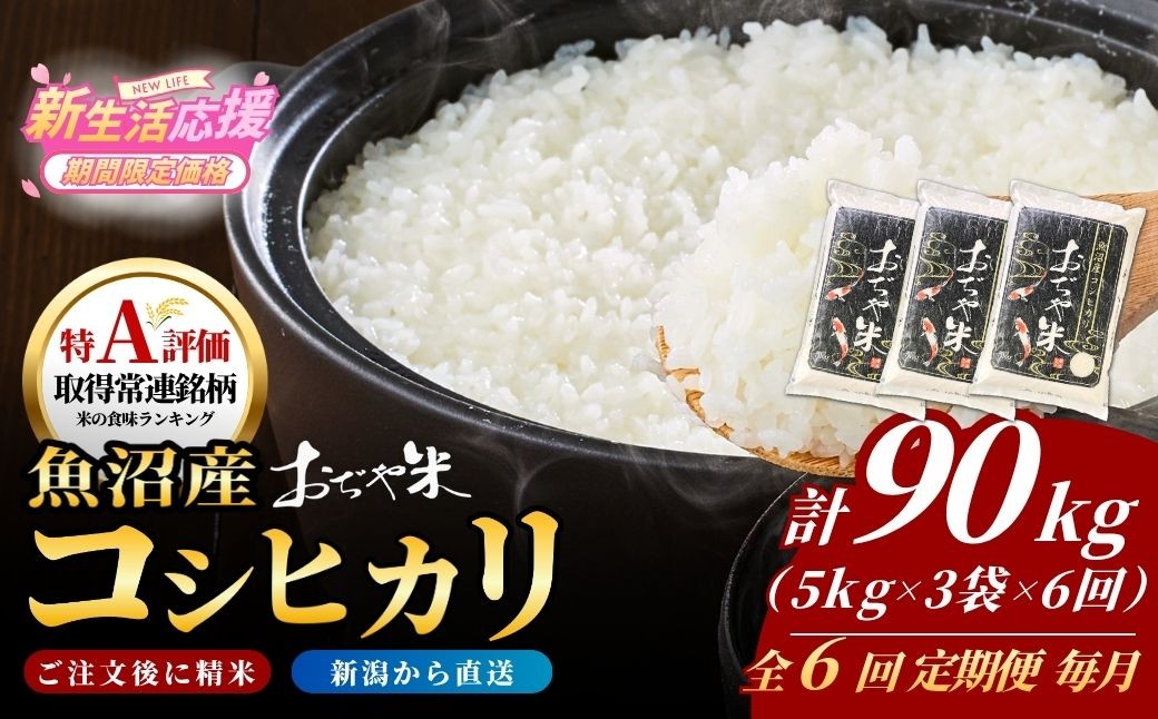 
                  【6か月定期便 コシヒカリ】 魚沼産コシヒカリ「おぢや米」合計90kg (5kg 3袋 毎月お届け全6回) JA魚沼 | 令和7年産 新潟県 新潟産コシヒカリ 特A評価 魚沼産 新潟県産コシヒカリ 新潟県産こしひかり 魚沼コシヒカリ お米 米 こしひかり 白米 精米 ブランド米 特A評価地区【0002-JA23DB00】
                