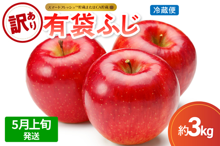 【2026年5月上旬発送】【訳あり】りんご 3kg 有袋ふじ 【スマートフレッシュTM貯蔵またはCA貯蔵・クール便】