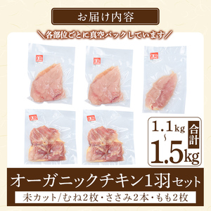 K-598 国産！オーガニックチキン1羽セット 未カット (計1.1kg～1.5kg)【お多福たまご】霧島市 国産 鶏肉 鳥 もも モモ 胸肉 むね ムネ ささみ ササミ オーガニック 有機JAS認定