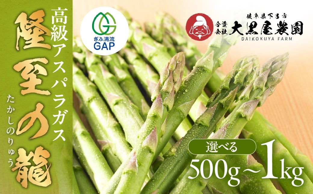 
                  先行予約【期間限定】（2026年5月から順次発送）高級アスパラガス 隆至の龍 500g（約25本入り）／1kg（約50本入り）レギュラーサイズ アスパラ 下呂市  限定 こだわり ブランド【大黒屋農園】
                