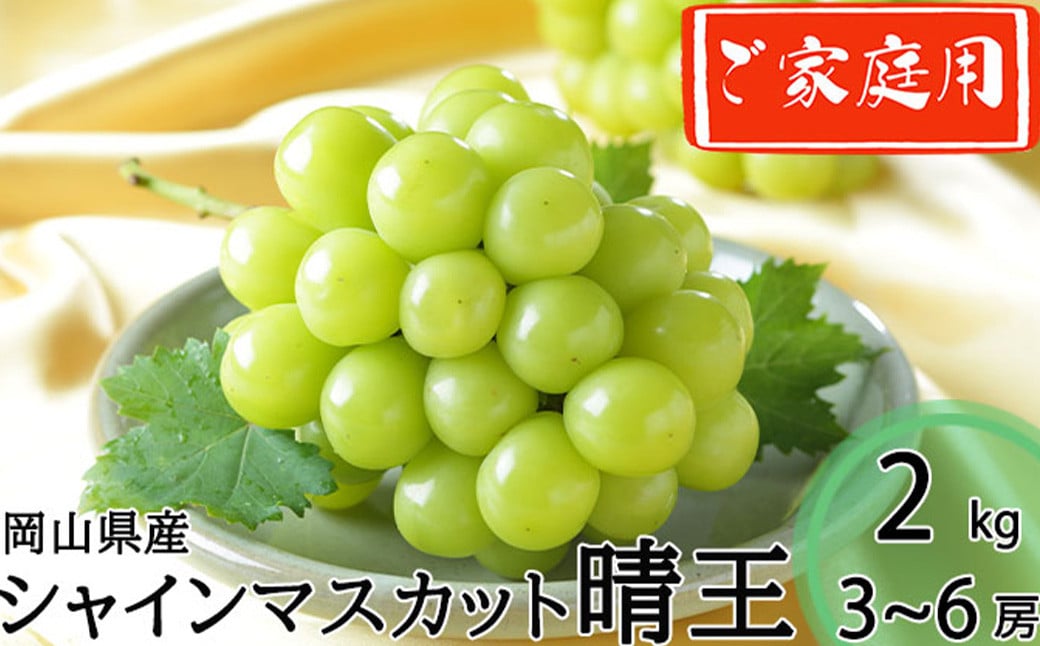 
            ご家庭用 シャインマスカット 晴王 3～6房 計約2kg 【2025年8月下旬～11月下旬迄発送】 ／ マスカット 葡萄 ぶどう 果物 果実 フルーツ 種なし 皮ごと 大粒 家庭用 岡山県 美咲町 冷蔵
          