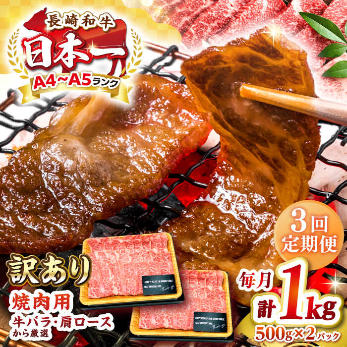 【ふるさと納税】【全3回定期便】【訳あり】【A4〜A5ランク】長崎和牛 焼肉切り落とし 1kg（500g×2パック）(肩ロース・バラ）《壱岐市》【株式会社MEAT PLUS】 肉 牛肉 黒毛和牛 焼き肉 焼肉 焼肉用 ギフト 贈答用 冷凍配送 A4 A5[JGH120]