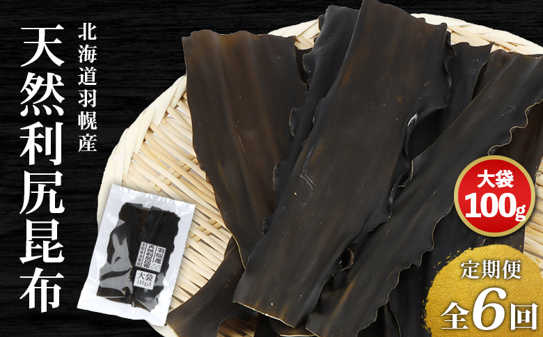 【定期便:全6回】 北海道羽幌町産 天然利尻昆布 大袋 100g ｜ 昆布 天然昆布 こんぶ  コンブ オンライン 申請 ふるさと納税 北海道 羽幌 利尻昆布 高級昆布 定期便 出汁 だし 昆布巻き 煮物 佃煮 北海道産昆布 羽幌町【28008】