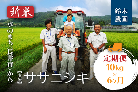 【定期便6ヶ月】【令和6年産新米】【玄米】鈴木・ファーム「ササニシキ」10kg(5kg×2袋)×6ヶ月_A127(R6)