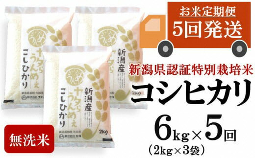 【ふるさと納税】【令和7年産米・5ヶ月定期便】コシヒカリ 無洗米 6kg（2kg×3袋）×5回（計 30kg）ヤタらうんめぇお米 水田環境鑑定士在籍[Y0509]【 新潟県 柏崎市 】