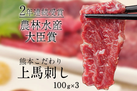 熊本馬刺し 馬刺し 上赤身 ブロック 国産 熊本肥育 冷凍 生食用 たれ付き(10ml×3袋) 100g×3セット 肉 期間限定 絶品  馬肉  平成27年28年 農林水産大臣賞受賞 熊本県荒尾市《7-14日以内に出荷予定(土日祝除く)》 美味しい馬刺し 熊本馬刺し くまもと馬刺し 特産馬刺し