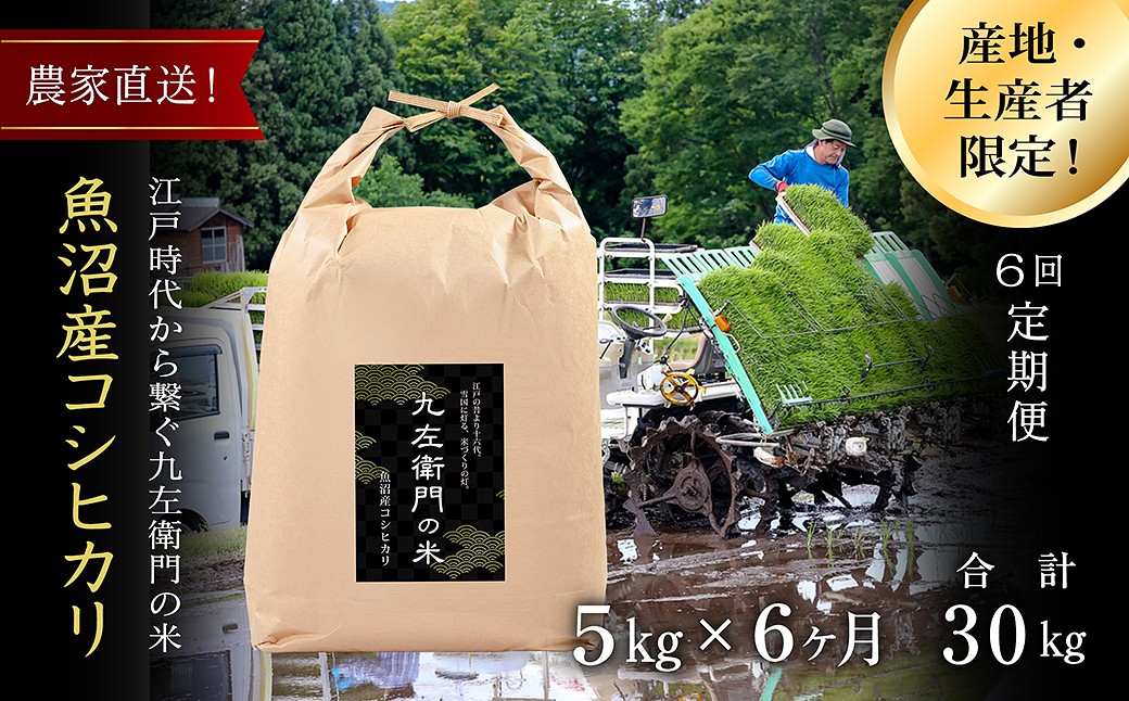 
                  【令和8年産 新米 先行予約】【6ヶ月定期便】 魚沼産コシヒカリ 5kg(5kg×1袋) 九左衛門の米 農家直送 | 白米 精米 ブランド米 こしひかり お米 おこめ こめ コメ おすすめ 人気 ギフト プレゼント 新潟県 津南町
                