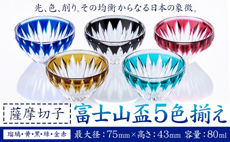 
                  薩摩切子「富士山盃5色揃え」(金赤・黄・緑・瑠璃・黒) 薩摩びーどろ工芸株式会社《90日以内に出荷予定(土日祝除く)》鹿児島県 さつま町 送料無料 伝統工芸 切子 さつま切子 薩摩切子 切子 盃 酒器
                
