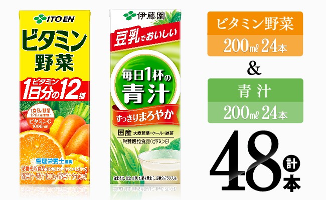 
            ビタミン野菜(紙)24本＋青汁(紙)24本【 伊藤園 飲料類 野菜 ミックス 青汁 ジュース セット 詰め合わせ 飲みもの 】
          