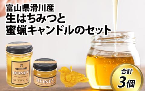 生はちみつと蜜蝋キャンドルのセット　滑川の里山で採れた非加熱の蜂蜜（百花蜜）と蜜蝋100%可愛らしい小鳥のキャンドル