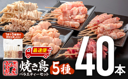 【最速便】宮崎県産若鶏 焼き鳥5種(40本) バラエティーセット 焼鳥 鶏肉 小分け
