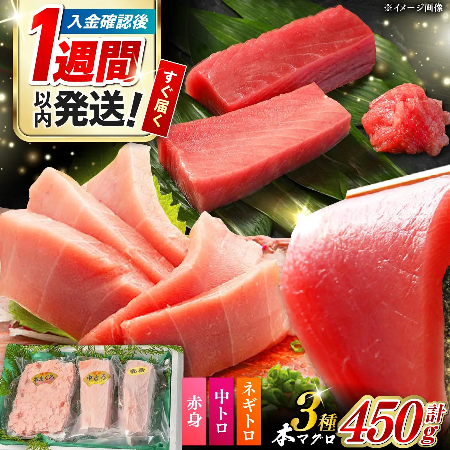 【1週間以内発送】対馬産 本マグロ 3種 計450g 赤身 中トロ ネギトロ [WAH002]  まぐろ 刺身 本マグロ スピード発送 最速発送 最短発送