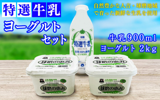 特選牛乳・球磨の恵みヨーグルト(砂糖不使用1㎏×2)セット【牛乳900ml：賞味期限　到着後6日】