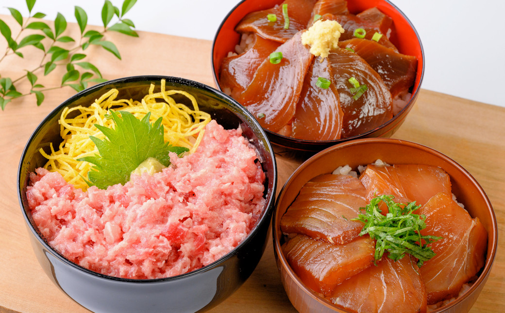 
黒潮育ちの魚を厳選！マグロとカツオの新鮮丼ぶりセット〈ネギトロ・漬け鰹・漬けマグロ〉【KN10】
