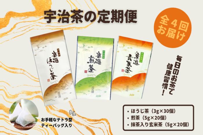 【定期便】宇治茶ティーバッグ3種セット（煎茶・ほうじ茶・抹茶入玄米茶）×4回（3ヵ月毎）〈定期便 ティーバッグ ティーパック 宇治茶 お茶 茶 煎茶 玄米茶 ほうじ茶 緑茶 抹茶 宇治抹茶 水出し 飲料 加工食品〉