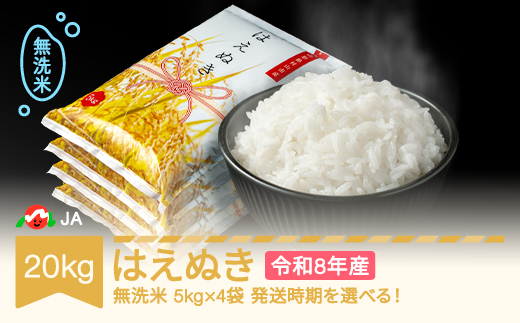 【先行予約】新米 米 20kg 5kg×4 はえぬき 無洗米 令和8年産 2026年11月下旬 ja-hamxb20-11c