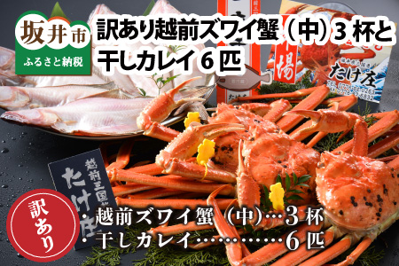 【先行予約】訳あり≪茹で≫越前ズワイ蟹(中) 3杯 と 干しカレイ 6匹【2025年1月～3月発送予定】 [O-1604]