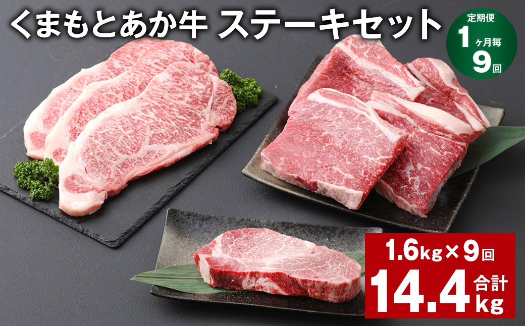 
【1ヶ月毎9回定期便】 くまもとあか牛 ステーキセット 計約14.4kg（約1.6kg✕9回） 和牛 牛肉
