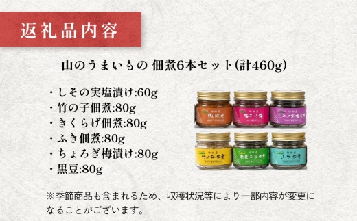 【竹田産】山のうまいもの 佃煮 6本セット 保存料不使用 しそ 竹の子 きくらげ ふき ちょろぎ