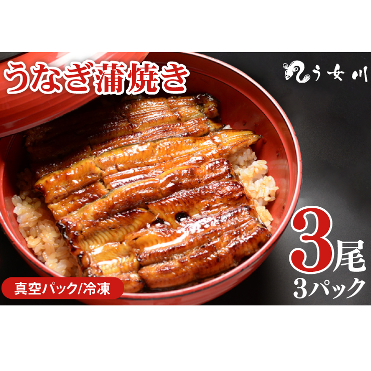 【う女川】うなぎ 蒲焼 かば焼き 3尾(3パック）【鰻 ウナギ 土用丑の日 土用 丑の日 かば焼き 蒲焼き 白焼 たれ焼き】（IX-2）