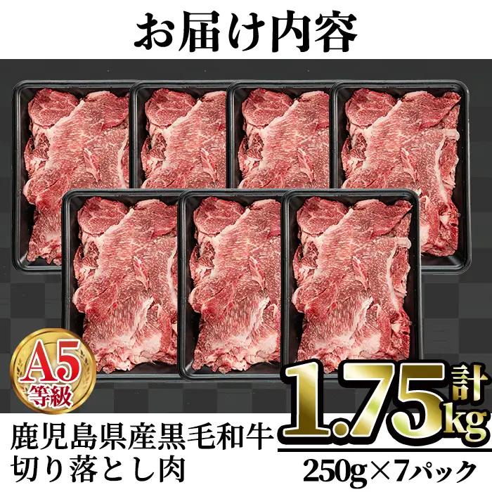 A5等級 鹿児島県産 黒毛和牛 切り落とし 肉 (計1.75kg・250g×7P) 牛肉 赤身 国産【LRプラスK】A230-v02