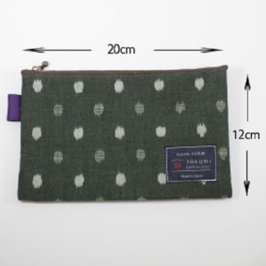 久留米絣　ぺたんこポーチ　（緑小白玉）_Jk026