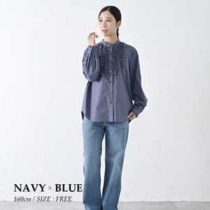 【THE INDUSTRY WORKS】フロントフリルネックブラウス（ネイビー×ブルー）・1着　TIW-W038（66-27-NVBL） レディース ブラウス