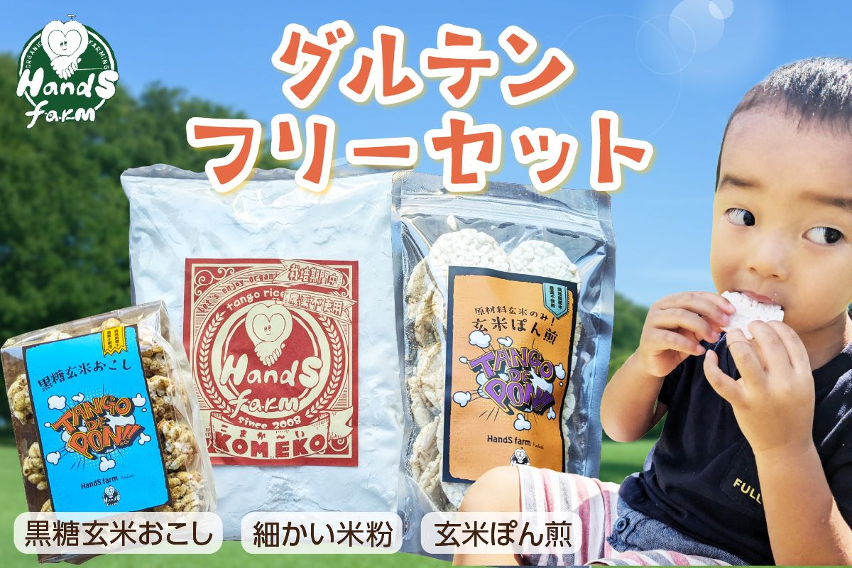ハンズファーム グルテンフリーセット (細かい米粉500g1袋×黒糖玄米おこし60g1袋×玄米ぽん煎餅50g１袋)　ポン菓子 焼菓子 米菓 せんべい グルテンフリー 米粉 離乳食 ハンズファーム おやつ お米 玄米 駄菓子 子ども 黒糖 お菓子 送料無料 京都 国産 健康　HD00010