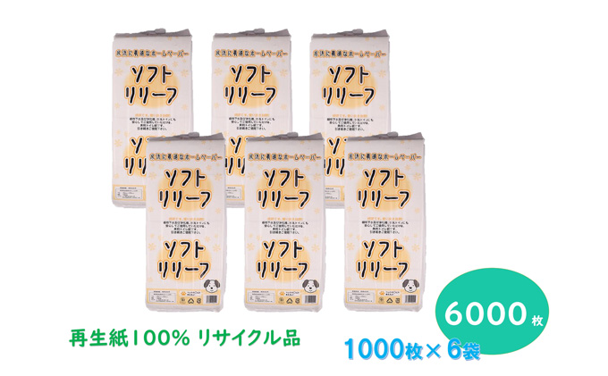 定期便【12ヶ月連続お届け】ちり紙【リリーフ】1000枚×6袋 紙製品 流せる 介護 ペット キッチンペーパー ティッシュ 病院 介護施設 備蓄品 リサイクル品 再生紙100％ トイレに流せる ストック 