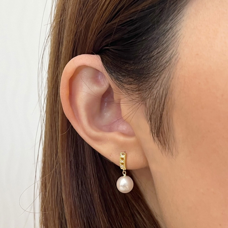 S085-492_あこや真珠 天草 ピアス ダイヤモンド 揺れる 0.03ct K18 K14 7.5mm - 8mm ホワイトピンク 真珠   