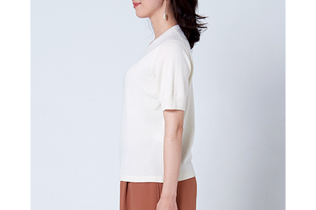 日本製 カシミヤ100% レディース クルーネック半袖 白 2Lサイズ [2584]