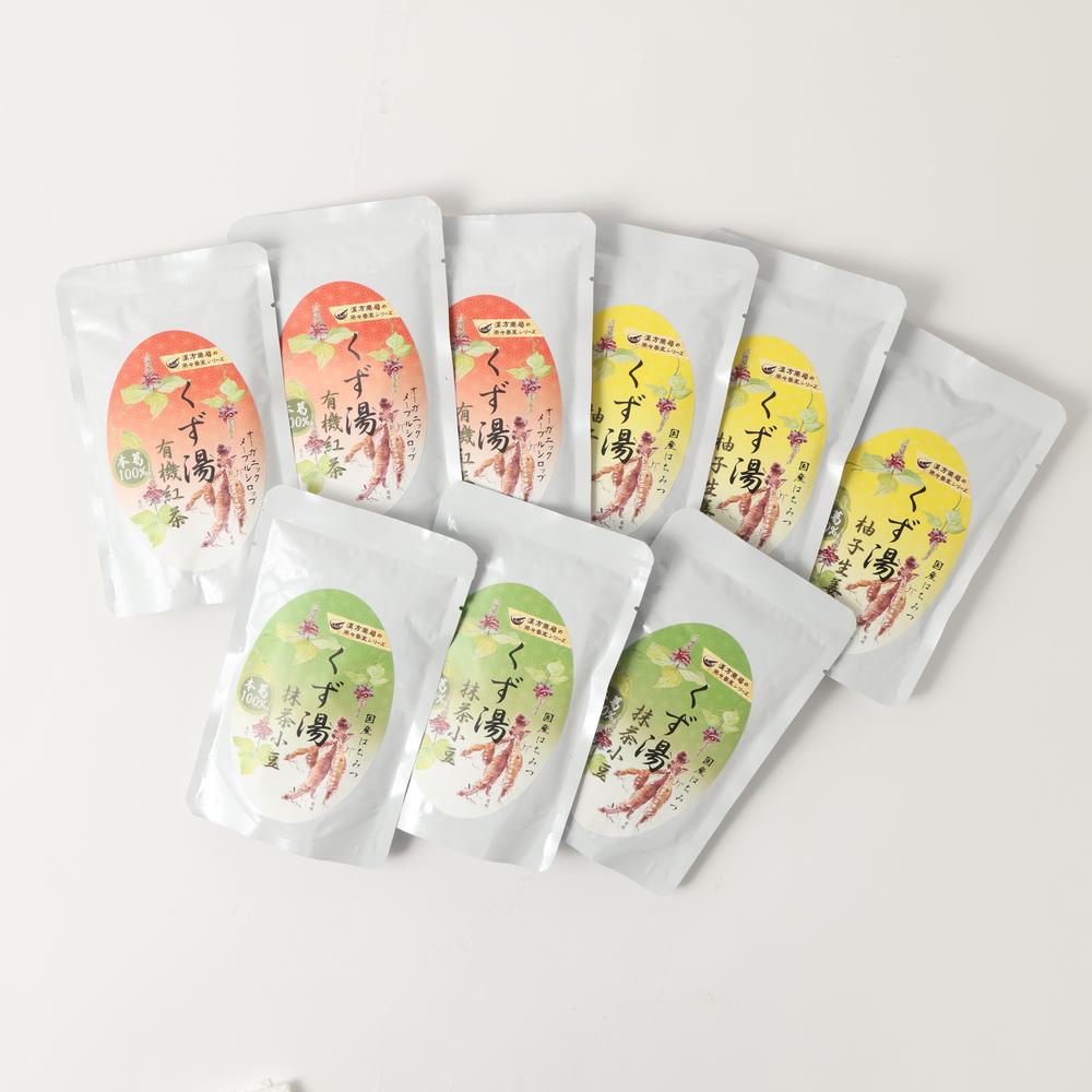 【ふるさと納税】【全12回定期便】レトルト 葛湯（くずゆ）3種セット 各120g×3袋×3種 9袋×12回 計108袋 紅茶 柚子生姜 抹茶小豆 国産本葛 葛湯 くず湯 デザート ホットドリンク 長崎 九州 国産 常温 長期保存 長崎県 長崎市 送料無料