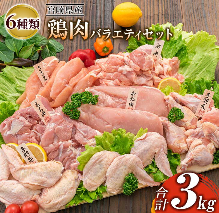 【ふるさと納税】≪様々な料理に大活躍!≫ 小分け 真空パック 鶏肉 バラエティ セット 合計3kg 鶏もも肉 鶏むね肉 ささみ 手羽先 手羽元 詰め合わせ 国産 肉 6種 食品 おかず からあげ BBQ おすすめ お弁当 万能食材 宮崎県 日南市 送料無料