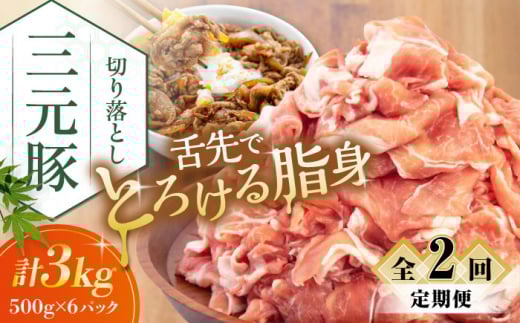 【全2回定期便】平田牧場 切り落とし 3kg (500g×6P) 《喜茂別町》【平田牧場】 肉 豚肉 生姜焼き 小分け 冷凍 冷凍配送 定期便 定期 北海道 平田牧場 三元豚 [AJAP038] 60000 60000円 6万円