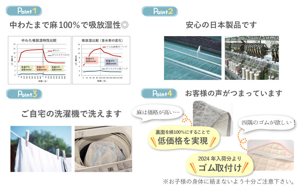 【ライトブルー】麻わた入りフレンチリネン麻敷きパッド　りんね　ベビーサイズ　70×120cm