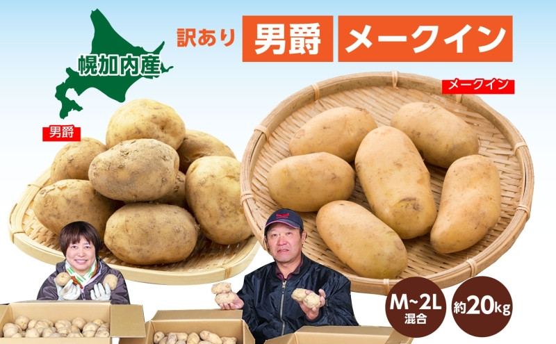 
                  [№5795-0185]北海道産 訳あり じゃがいも 男爵 メークイン M～2L 各約10kg 計約20kg ジャガイモ 馬鈴薯 ポテト 芋 いも イモ 旬 冬 農作物 規格外 北海道 お取り寄せ 産地直送 笠井ファーム 送料無料 幌加内
                
