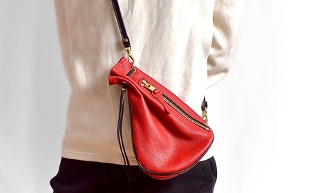 信州鹿革：巾着ショルダー DHB-100/ レッド｜ 巾着バッグ