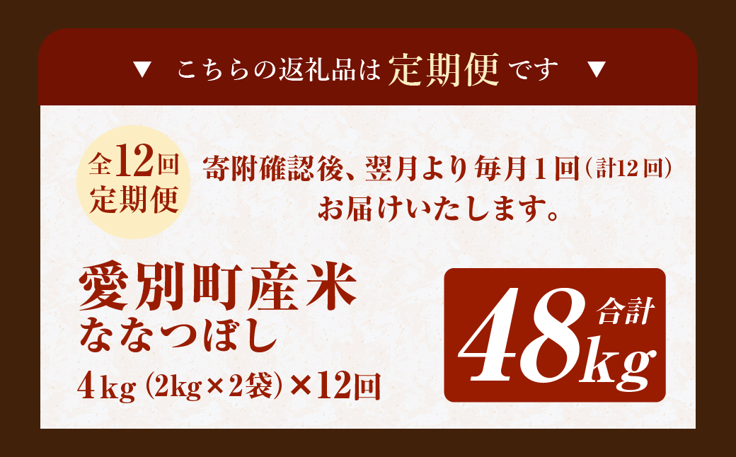 愛別町産米（ななつぼし2kg×2袋）12ヶ月定期配送【A42324】